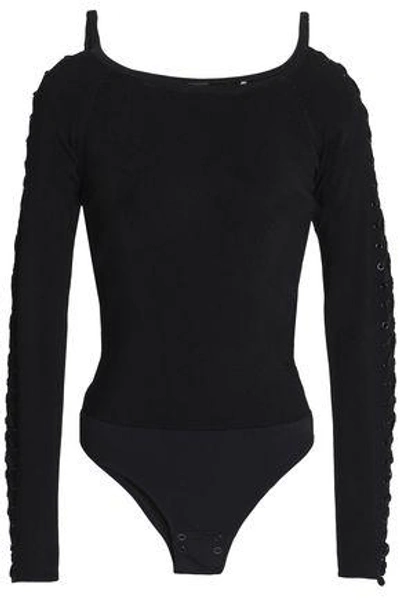Elie Tahari Woman Lace-up Ribbed-knit Bodysuit Black