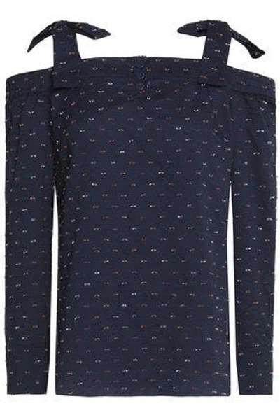 Saloni Woman Cold-shoulder Fil Coupé Cotton-blend Seersucker Top Navy