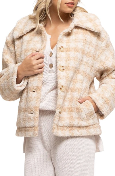 Blu Pepper Houndstooth Faux Shearling Jacket In Beige