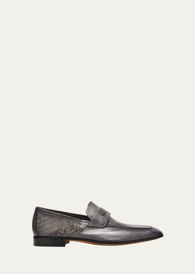 Berluti Men's Lorenzo Scritto Kangaroo Leather Penny Loafers In Light Aluminum