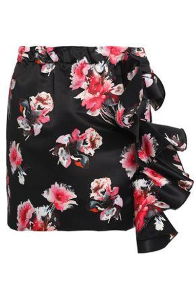 Msgm Woman Ruffled Floral-print Satin Mini Skirt Black