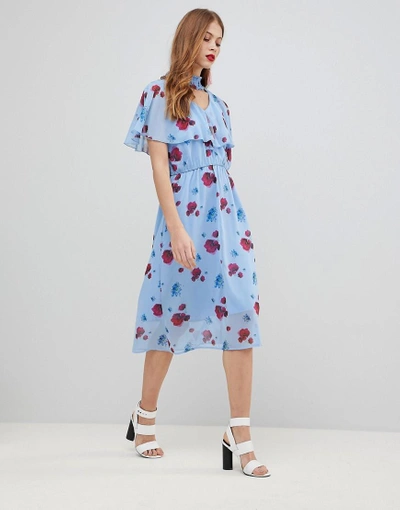 Y.a.s. Poppy Print Woven Midi Dress In Blue - Multi