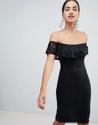 Ax Paris Bardot Frill Overlay Lace Midi Dress - Black
