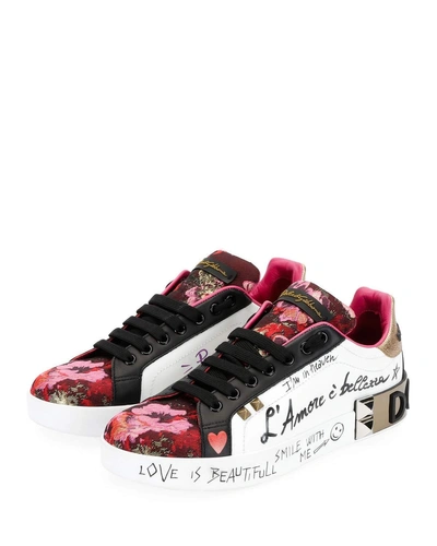 Dolce & Gabbana Leather And Floral-jacquard Graffiti Low-top Sneakers In Scritte Bianco