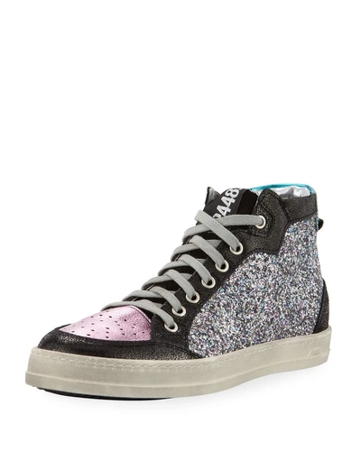 P448 Love Glitter & Leather High-top Sneakers In Multi Glitter/ Pastel Pink
