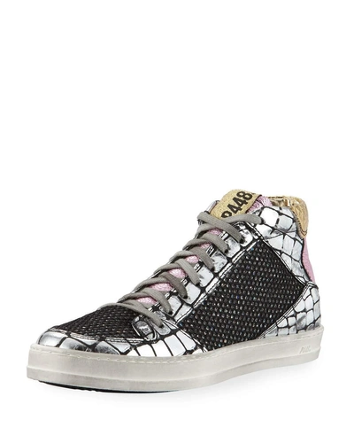 P448 Queens Mid-top Sneakers In Croco Leather & Glitter Mesh In Black/ Gold Gloss