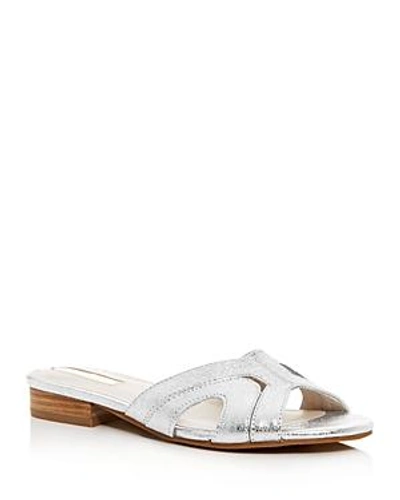 Kenneth Cole Women's Viveca Crackled Leather Low Heel Slide Sandals In Silver