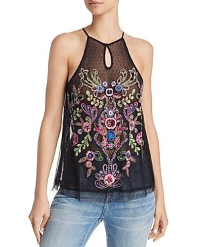 Guess Cassia Embroidered Mesh Top In Jet Black