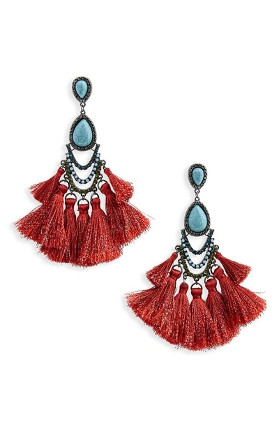 Kitsch Tassel Drop Earrings In Teal/ Red/ Multi