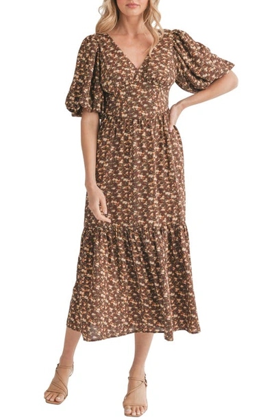Lush Bubble Sleeve Tiered Midi Dress In Brown Cream Floral