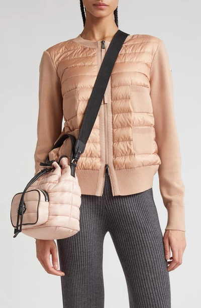 Moncler Mixed Media Quilt Front Wool Cardigan In Pink