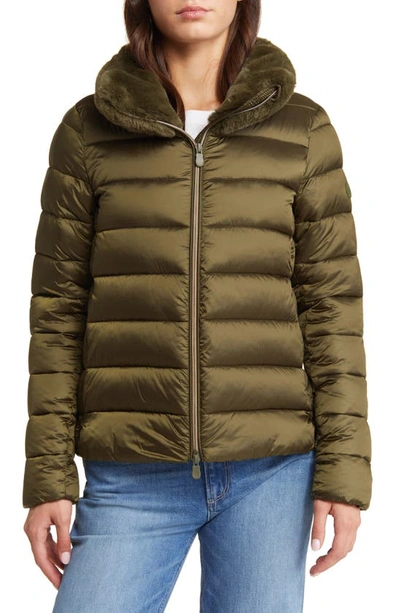 Save The Duck Mei Faux Fur Collar Puffer Jacket In Green