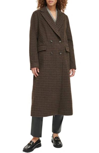 Levi's Houndstooth Check Double Breasted Long Coat In Black/brown Houndstooth