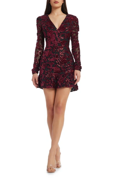 Dress The Population Kelsey Sequin Floral Long Sleeve Minidress In Burgundy-black