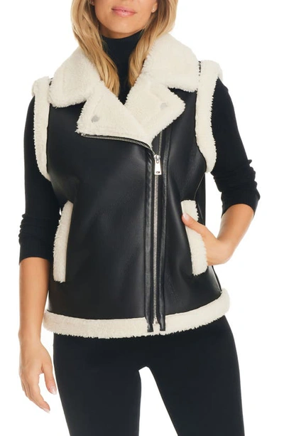 Sanctuary Bonded Faux Leather & Faux Shearling Waistcoat In Black Cream