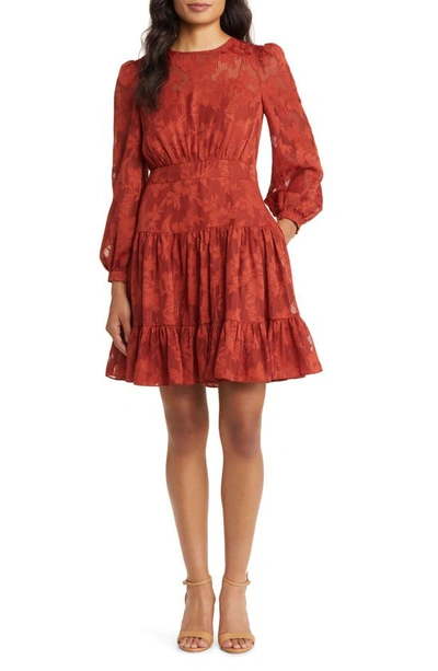 Eliza J Metallic Stripe Floral Jacquard Long Sleeve Chiffon Dress In Rust
