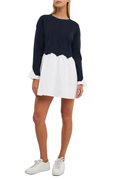 English Factory Long Sleeve Layered Dress In Navy/white