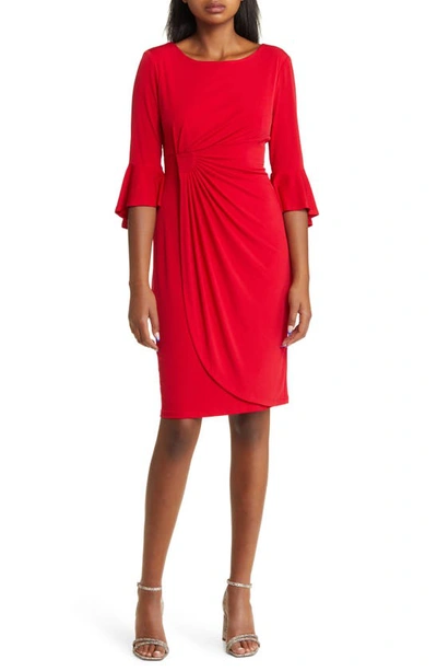 Connected Apparel Faux Wrap Bell Sleeve Jersey Cocktail Dress In Apple Red
