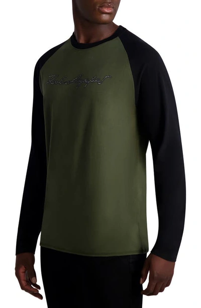 Karl Lagerfeld Colorblock Retro Logo Long Sleeve Graphic T-shirt In Olive