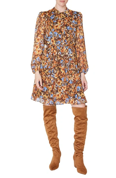 Julia Jordan Floral Knot Neck Tie Waist Long Sleeve Dress In Brown Multi