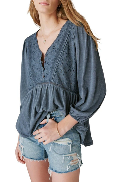 Lucky Brand Eloise Eyelet Accent Cotton & Modal Knit Peasant Blouse In Blue Nights
