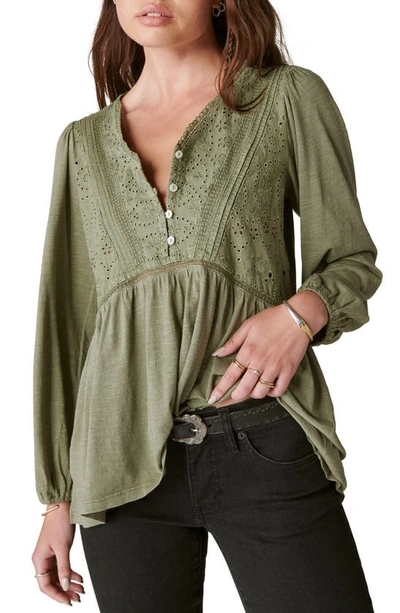 Lucky Brand Eloise Eyelet Accent Cotton & Modal Knit Peasant Blouse In Dusty Olive