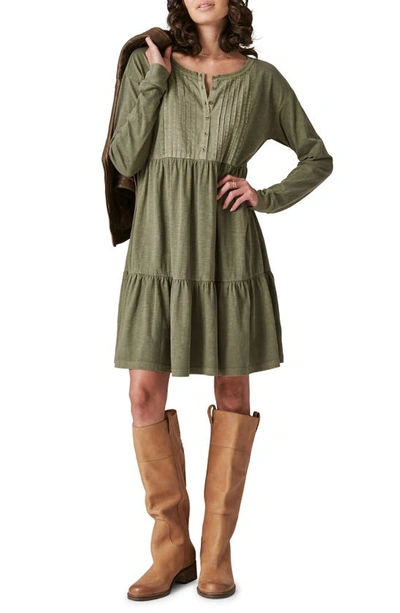 Lucky Brand Pintuck Long Sleeve Tiered Cotton Henley Dress In Dusty Olive