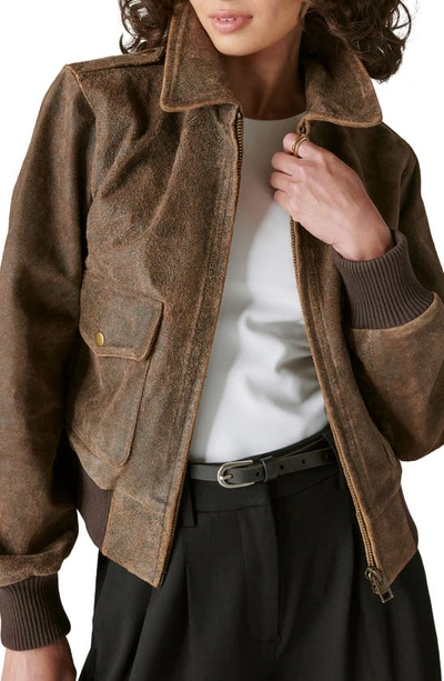 Lucky Brand Distressed Leather Bomber Jacket In Brown