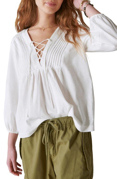 Lucky Brand Lace-up Cotton Peasant Blouse In Cloud Dancer