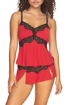 Black Bow Lace Trim Short Pajamas In Tango Red