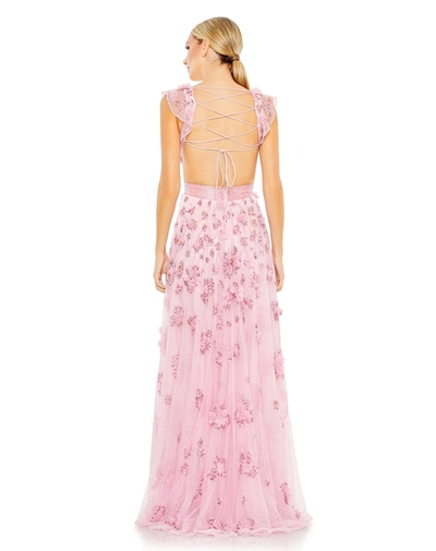 Mac Duggal Embellished Lace Up Flowy Gown In Candy Pink