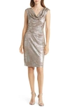 Connected Apparel Drape Neck Side Pleat Sheath Dress In Flax/ Silver
