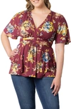 Kiyonna Encore Print Faux Wrap Top In Bordeaux Blooms