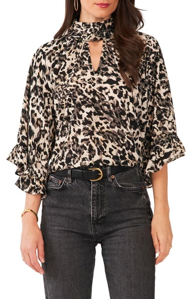 Vince Camuto Leopard Print Keyhole Neck Ruffle Blouse In Natural Taupe