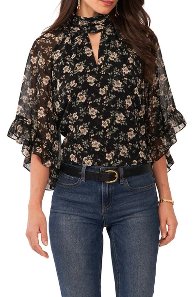 Vince Camuto Floral Ruffle Sleeve Blouse In Rich Black