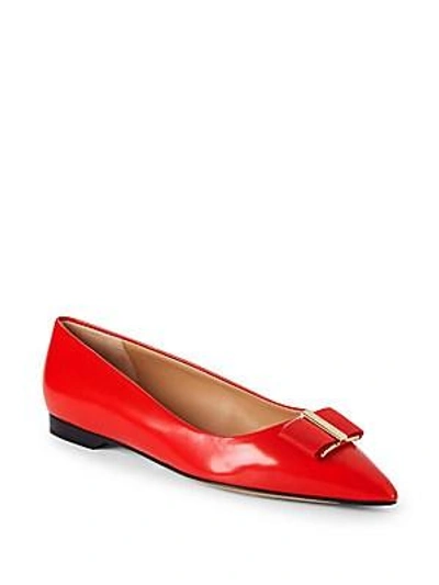 Ferragamo Point Toe Leather Ballet Flats In Red