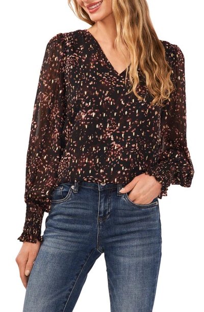 Cece Foil Dot Smocked Cuff V-neck Blouse In Rich Black