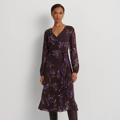 Lauren Ralph Lauren Floral Belted Crinkle Georgette Dress In Brown/purple/multi