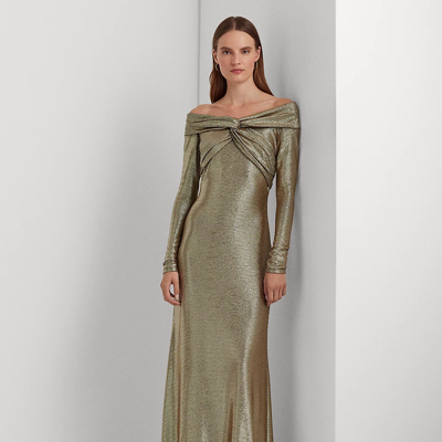 Lauren Ralph Lauren Metallic Knit Off-the-shoulder Gown In Brown Birch/gold Foil