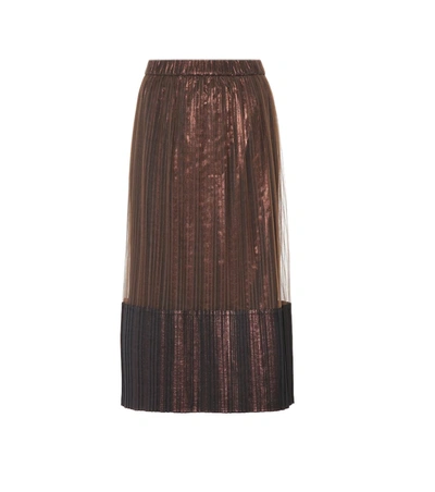 Brunello Cucinelli Metallic Pleated Midi Skirt In Brown