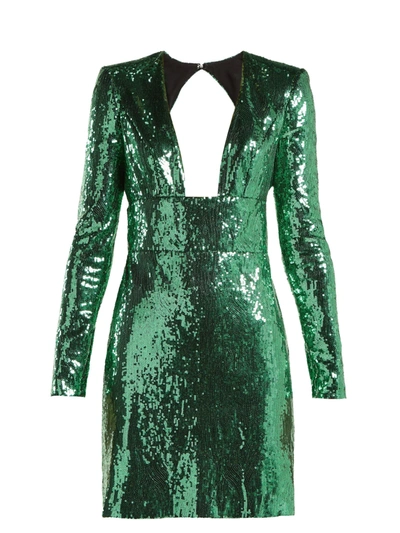 Dundas Long-sleeve Deep-v Open-back Sequin Mini Cocktail Dress In Green