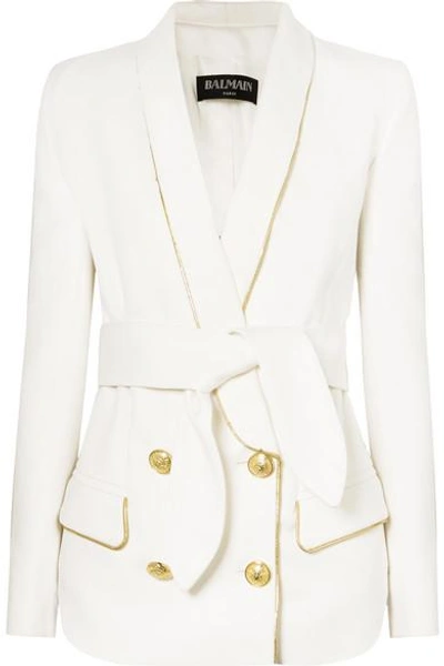 Balmain Double-breasted Grain De Poudre Wool Blazer In White