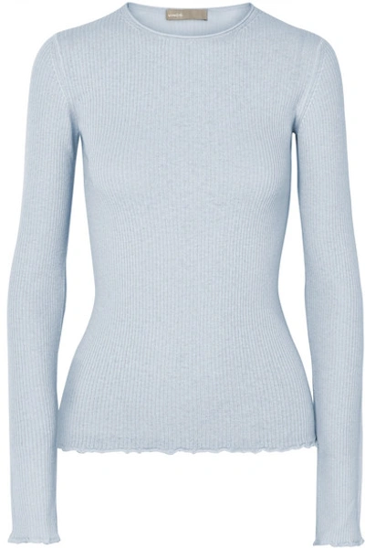 Vince Ribbed Cashmere Long-sleeve Crewneck Top In Blue