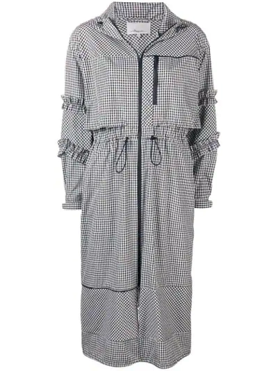 3.1 Phillip Lim Hooded Ruffle Gingham-print Long Parka Jacket In Black