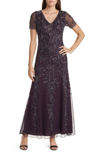 Pisarro Nights Beaded Chiffon Gown In Wine