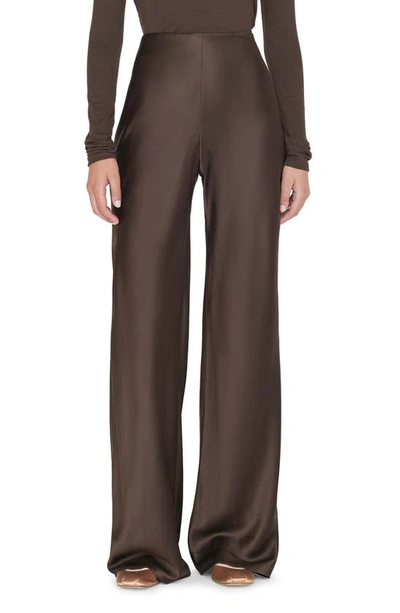Frame Wide Leg Pull-on Silk Pants In Brown