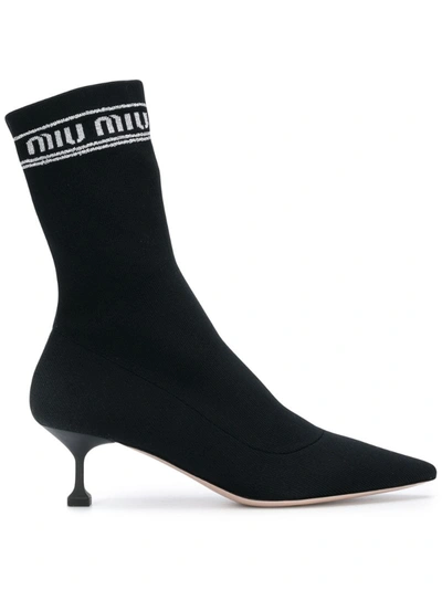 Miu Miu 55毫米logo针织袜子及踝靴 In Black/silver