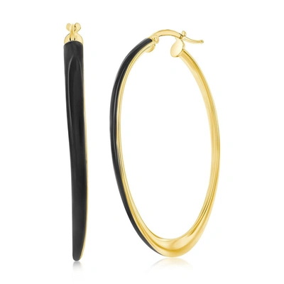 Simona Sterling Siver, Black Enamel Oval Hoop Earrings - Gold Plated