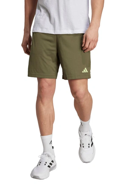 Adidas Originals Logo Workout Shorts In Olive Strata/ Pulse Lime
