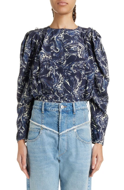 Isabel Marant Zarga Keyhole Puff Sleeve Cotton Blouse In Midnight